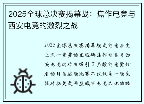 2025全球总决赛揭幕战：焦作电竞与西安电竞的激烈之战
